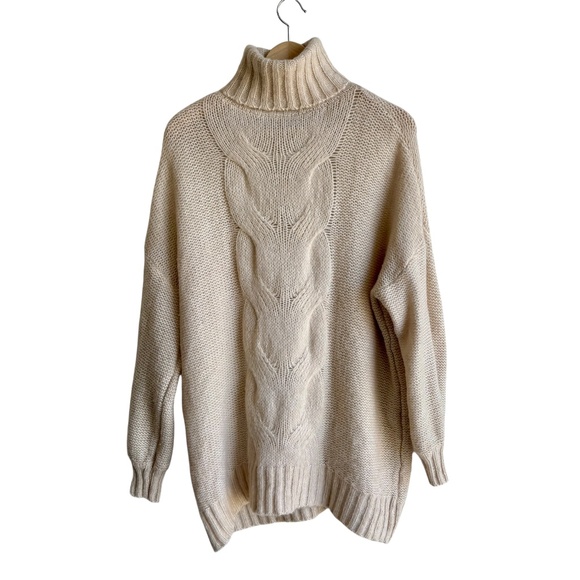 Aerie Womens Cable Knit Turtleneck Sweater Long Sleeve Cream Wool Blend Sz M - Picture 1 of 7